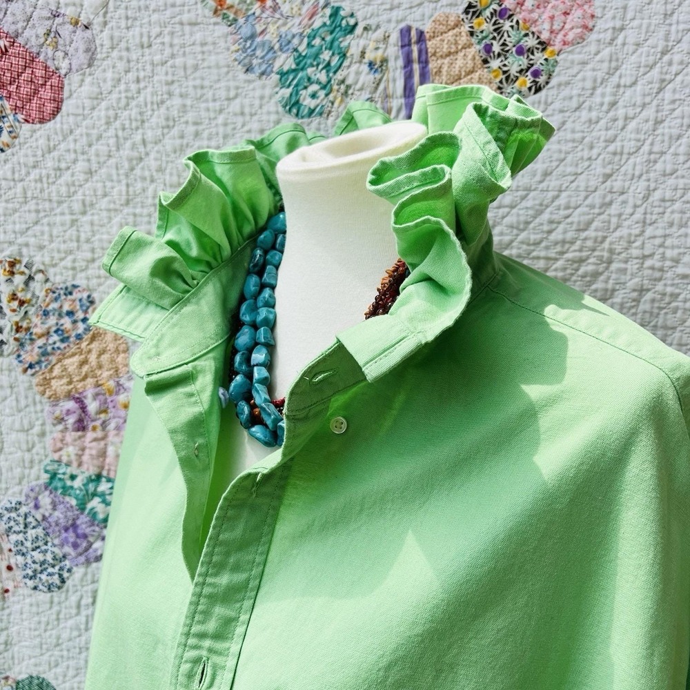 Upcycled Cape Cod GAP Lime Green Oxford Cloth Cropped Ruffle Collar Shirt‎ XXL - Picture 4 of 10